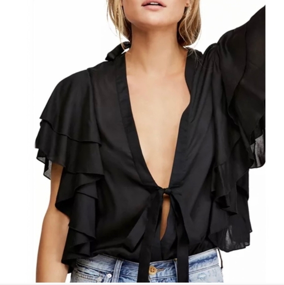 Free People Tops - FREE PEOPLE Call Me Later Ruffle Tie Front Boho Rayon Blouse Top.Black. Size SM
